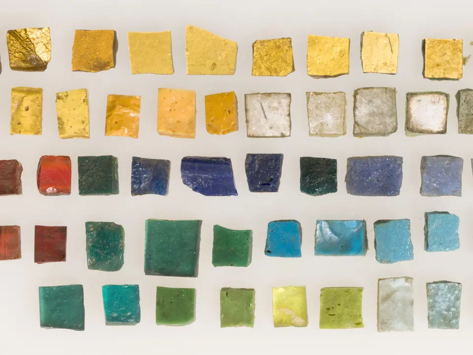 Rows of Byzantine glass and gold-leaf mosaic tesserae