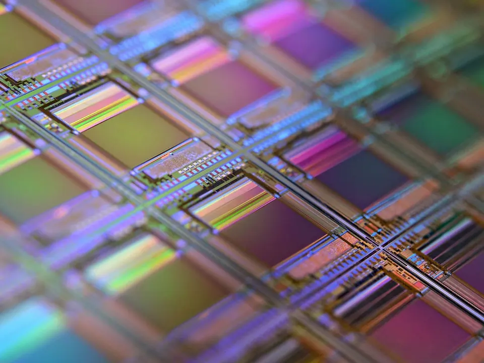 Close-up of a patterned silicon wafer with iridescent chips
